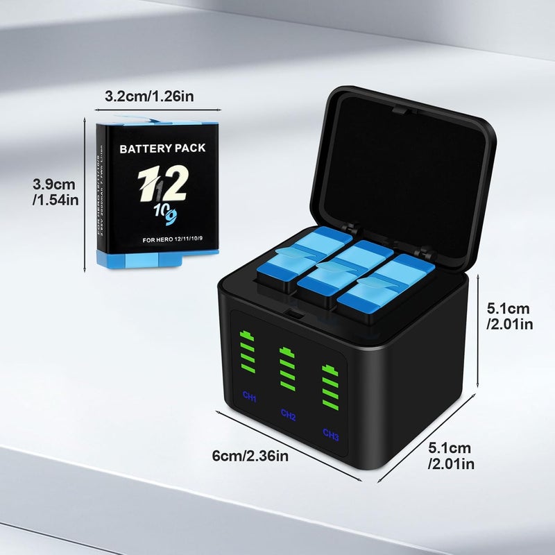 Fancy Buying أطقم شاحن بطاريات لجهاز GoPro Hero 12 11 10 9 بلاك، 3-pack بطاريات بديلة بسعة 2000 مللي أمبير + علبة شحن ثلاثية مع كابل شحن Type-C لملحقات بطاريات Go Pro 12 11 10 9 الرسمية - Image 2